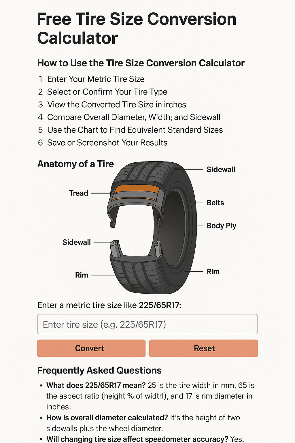 Tire diagram showing width, sidewall, and diameter